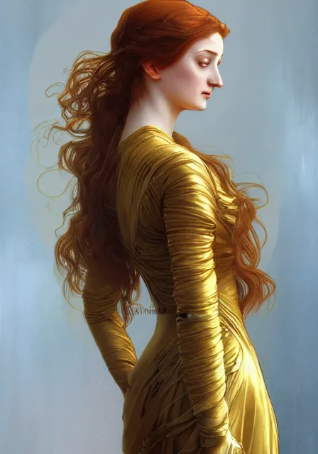 Prompt: sansa stark in gold dress with long hair, intricate, elegant, highly detailed, digital painting, artstation, concept art, smooth, sharp focus, illustration, art by artgerm and greg rutkowski and alphonse mucha and william - adolphe bouguereau