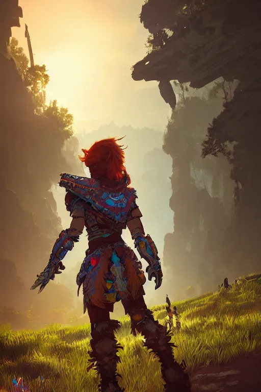 Image similar to combination suit armor aloy horizon forbidden west horizon zero dawn radiating a glowing aura global illumination ray tracing hdr fanart arstation by ian pesty and alena aenami artworks in 4 k tribal robot ninja mask helmet backpack