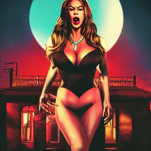 Image similar to a horror movie poster, staring Sofía Vergara as the heroine, neighborhood themed, synthwave, cyberwave, by Sam Werczler