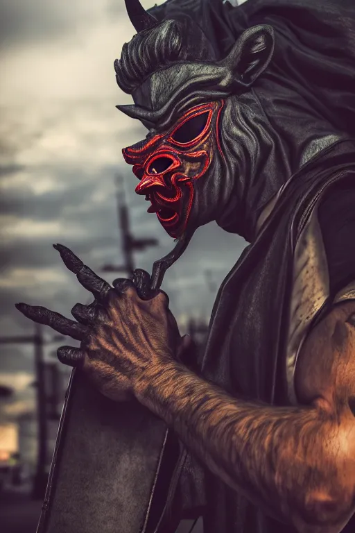 Image similar to guy with oni mask walkin on empty hood, photorealistic, smooth, 4 k, aesthetic lighting, baroque object, hyperdetailed, professional photography, pullitzer winning, photo by : canon eos 5 d mark iv, by karah mew and adnan abidi