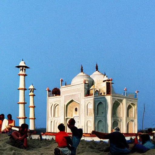 Prompt: a photo of tiny men constructing taj mahal made of sand