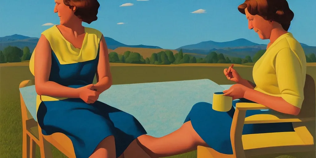 Image similar to knitting grandma, blue sky, summer evening, kenton nelson