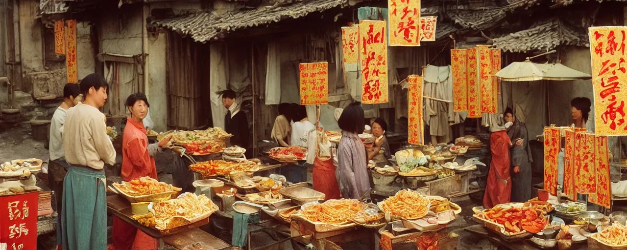 Image similar to spaghetti stall at the height of the jin dynasty in ancient china, afternoon glow, canon 5 0 mm, wes anderson film, kodachrome, retro