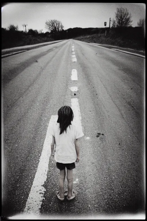 Prompt: photo polaroid of a sad and lonely child in the middle of a road with field hospitals around, pandemic, loneliness, black and white ,photorealistic, 35mm film,