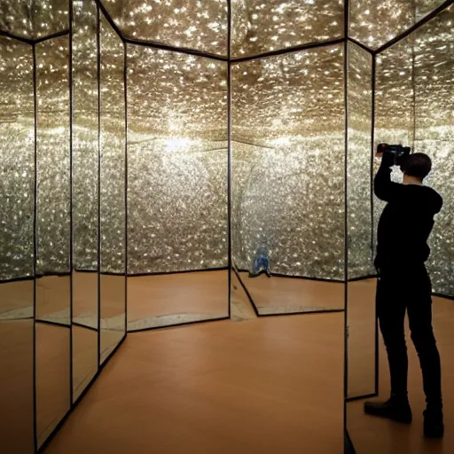 Prompt: a man taking a selfie in front of a large mirror wall, a tilt shift photo by leandro erlich, featured on cg society, kitsch movement, hall of mirrors, high dynamic range, studio portrait