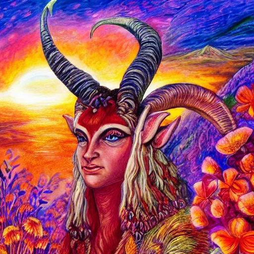 Image similar to detailed acrylic on canvas by josephine wall, horned ram goddess checking her cell phone, erupting volcano and sunset in distance, flowers in foreground, fantasy, trending on artstation, by senior concept artist, intricately detailed, high resolution, hdr, 8 k