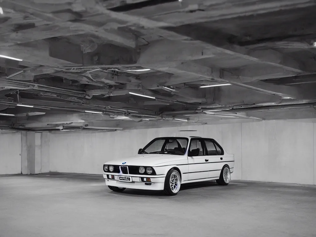 Image similar to a modified bmw e 3 0 with lights on in a futuristic neon parking garage, 3 5 mm photography, car photography, clean lines, realistic