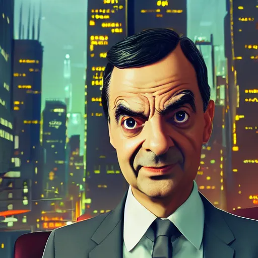 Image similar to mr bean, head and shoulder shot, cyberpunk city, city background, 4k, beautiful face, trending on artstation, digital art