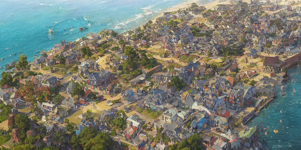 Prompt: quaint seaside village landscape as seen from above, no people, pokemon sword and sheild, bright future, social realism, highly detailed, digital painting, artstation, concept art, matte, sharp focus, illustration, art by artgerm and greg rutkowski and alphonse mucha