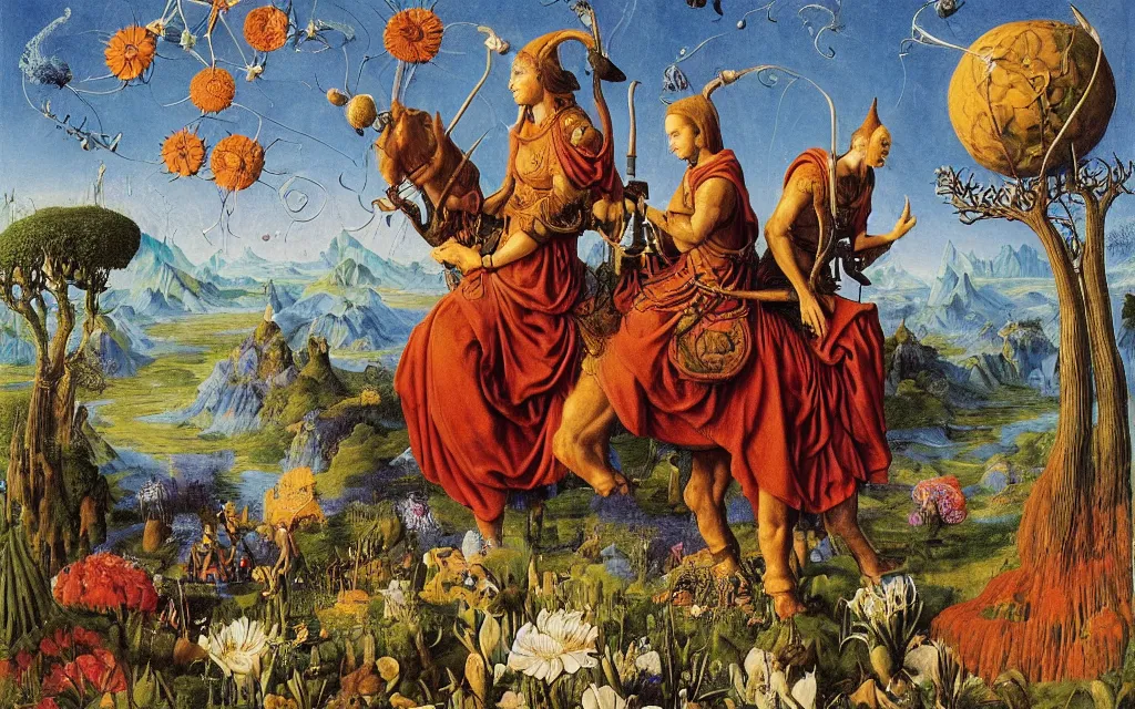 Prompt: a portrait photograph of a meditating elf and a centaur monk riding a rocket machine and hunting at a river delta. surrounded by bulbous flowers and trees. mountain range under a blue sky of fiery stars. by jan van eyck, max ernst, ernst haeckel, ernst fuchs and artgerm, cgsociety, fashion editorial, 8 k