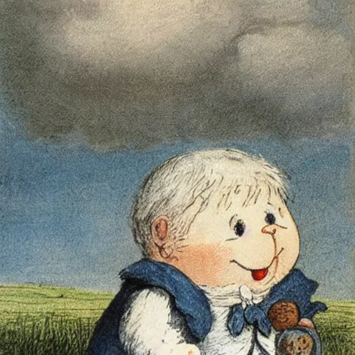 Image similar to candid portrait of white ball in the sky with face smiling eyes closed, surrounded by clouds, illustrated by peggy fortnum and beatrix potter and sir john tenniel