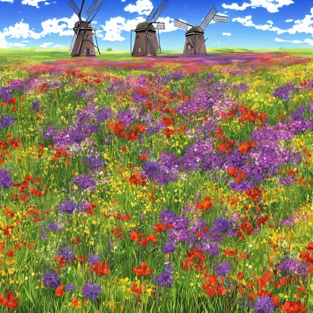 Image similar to scenic view of a flower meadow with a windmill, award - winning anime digital art