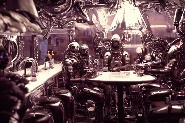 Image similar to sci-fi cinematography of cybernetic space soldiers sitting in an alien bar. By Emmanuel Lubezki