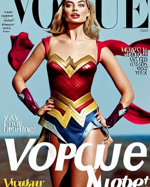 Prompt: margot robbie as wonderwoman, vogue cover photo