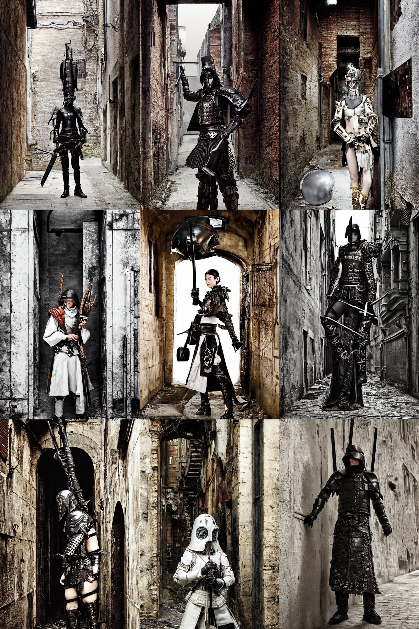 Prompt: fashion model with white ancestral ornate medieval tactical gear standing inside an alleyway, black leather samurai garment, long shot, dark abandoned city streets, by irving penn and storm thorgerson, ren heng, peter elson, alvar aalto