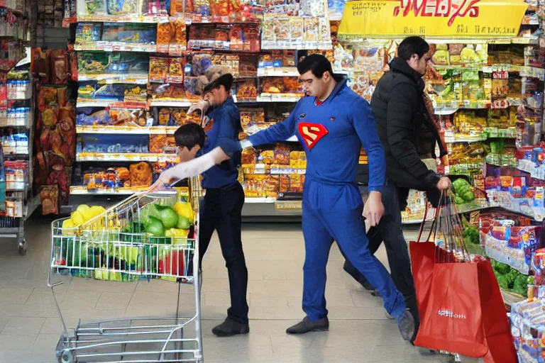 Image similar to Cinematography superman buying groceries in Moratalaz by Emmanuel Lubezky