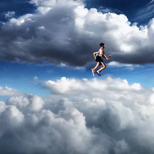 Prompt: running and falling on clouds, 4k, post-processing, detailed, photorealistic imagery