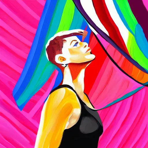 Prompt: Transgender pride flag waved by a woman, digital painting, award winning