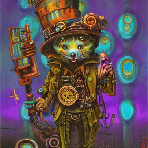 Image similar to steampunk rat, acid, 303, psychedelic, by paul lehr