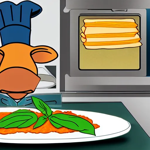 Image similar to platypus wearing a chef hat while putting a lasagna in an oven, with three basil leaves over the lasagna