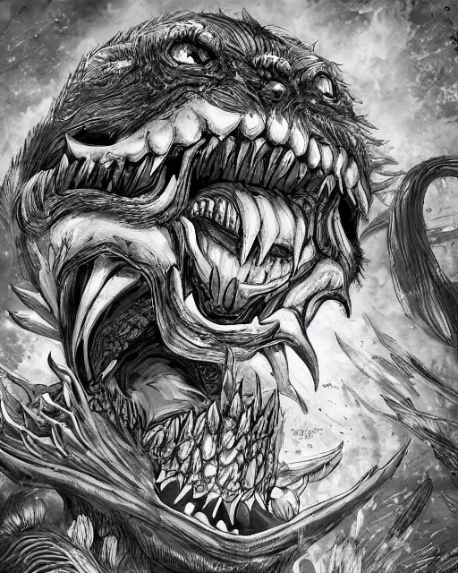 Image similar to A crate with tongue and tooth, terrifying, black and white, fantasy art, monster art, in the style of masami kurumada, illustration, epic, fantasy, intricate, hyper detailed, artstation, concept art, smooth, sharp focus, ray tracing