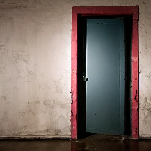 Prompt: door in a dimly lit creepy room, liminal space, greg rutkowksi and tooth wu