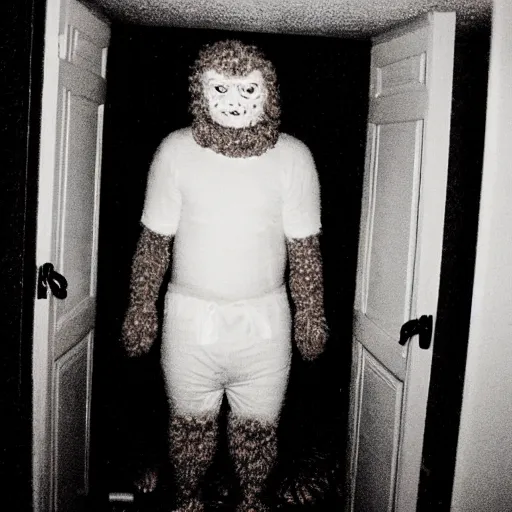 Image similar to grainy photo of a wavy tube man as a creepy monster in a closet, harsh flash