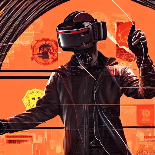 Image similar to Illustrated by Shepard Fairey and H.R. Geiger | Cyberpunk Keanu Reeves with VR helmet, surrounded by cables