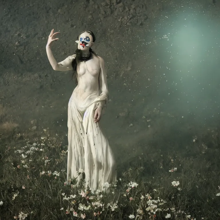 Image similar to The full body shot of delicate renaissance beautiful pale woman with many flowers and full-face black mask with glowing halo, a thick black smoke in rocky desert landscape, glowing eyes, falling star on the background, burning earth by Christopher Doyle, Gaspar Noe, Tarkovsky, Alejandro Jodorowsky, anamorphic lens, volumetric lighting, global illumination, physically based rendering, photorealistic, top light, cinematic composition, award winning photo, 8k