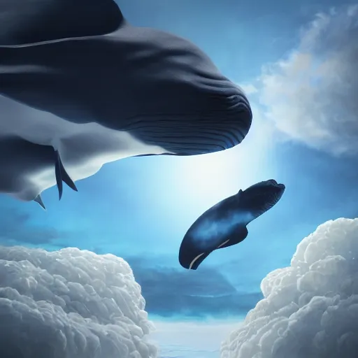 Prompt: flying whales in the clouds, extremely detailed, behrens style, unreal 5 render, fantasy digital art, octane render, dramatic lighting, beautiful composition, trending on artstation, award - winning photograph, masterpiece