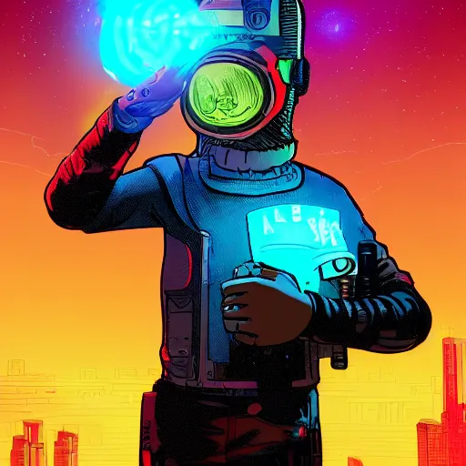 Image similar to in the style of max prentis and deathburger and laurie greasley a young mixed race male explorer wearing a cyberpunk headpiece who is standing on a giant robot head, highly detailed, 8k wallpaper, adventure time colour palette