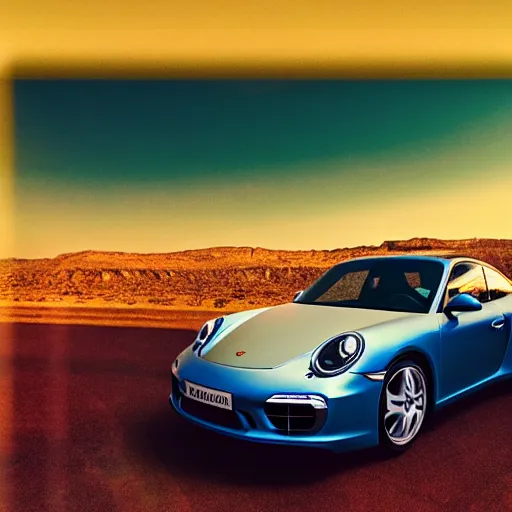 Image similar to porsche in the middle of the desert, professional photography, vaporwave