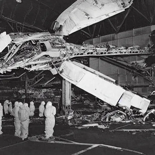 Image similar to dismantled, crashed, ufo spaceship in hanger with people in hazmat suits standing around, grainy, vintage photo, sepia, old photo, realistic, detailed,