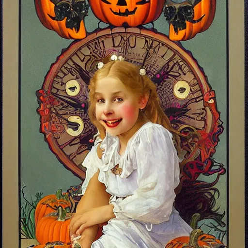 Image similar to a happy little girl with long straight golden blonde hair sitting amidst halloween decor, skulls and pumpkins. beautiful highly detailed face, beautiful painting by alphonse mucha and norman rockwell