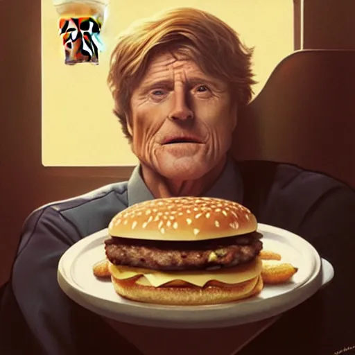 Image similar to Robert Redford eating a mcdonald's big mac hamburger, dripping BBQ Sauce, serving burgers, intricate, elegant, highly detailed, digital painting, artstation, concept art, matte, sharp focus, hyperreal, art by Artgerm and Greg Rutkowski and Alphonse Mucha