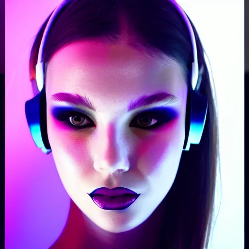 Image similar to high fashion photography of a model in neo futurism white sci - fi makup, be headset, transparent cloth, beautifully lit