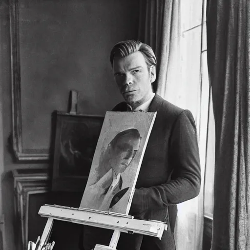 Prompt: ewan mcgregor is dressed as a gentleman at early 2 0 th century paris. he is watching an easel. that easel has a canvas on it. ewan mcgregor has a brush on his hand. he is painting a painting. realistic painting with strong outlines