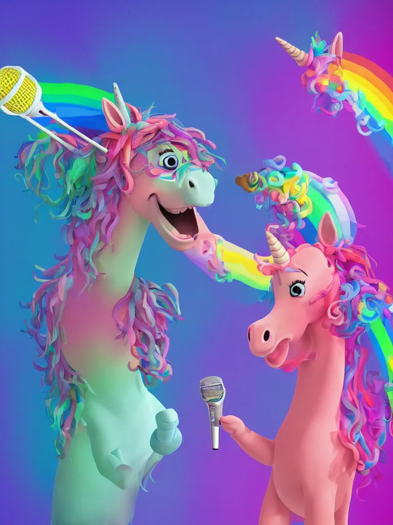 Image similar to a realistic rainbow beat boxing unicorn on stage holding a microphone by Pixar