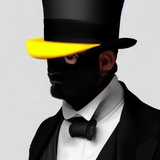 Image similar to a highly detailed portrait of a man in a high top hat covering his face, in a black tailcoat with a yellow waistcoat under the tailcoat, artstation, deviantart, professional, unreal engine 5, photorealistic