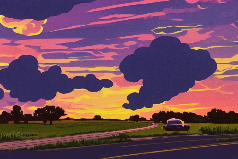 Prompt: country roadside sunset sky clouds illustration by jack kirby in the style of syd mead artstation 4 k 8 k graphic novel concept art matte painting