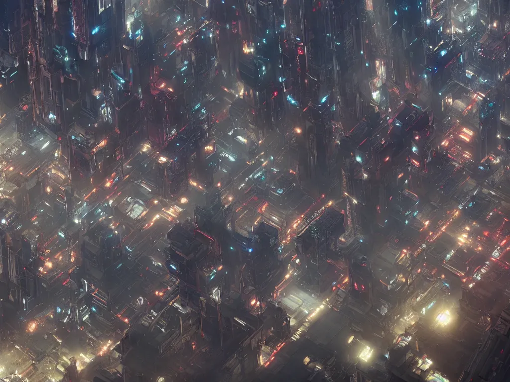 Image similar to looking down on the cyberpunk city from a battleship. cinematic scene, hyperdetailed, extra wide, japanese animation, greg rutkowski, james gurney, johannes voss, marc simonetti on artstation.