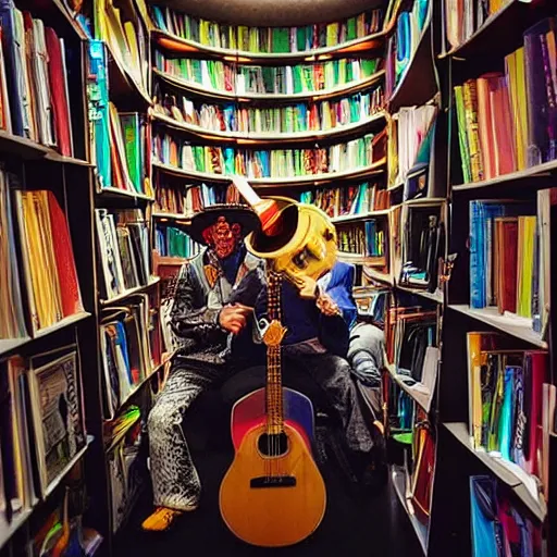 Image similar to “a portrait of an alien mariachi band in a book store, Sigma 24mm f/8”