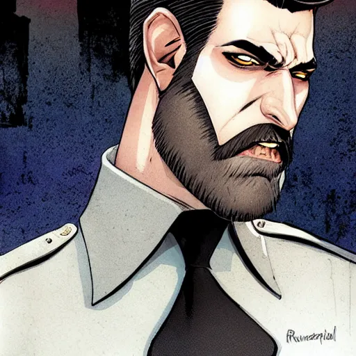 Prompt: portrait of a greying pale vampire police officer with short hair and a patchy beard, close up, grimy streets backdrop, highly detailed, sharp focus, perfect eyes, art by russell dauterman and patrick gleason and stefano caselli and marco checchetto and esad ribic