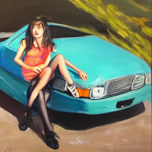 Prompt: girl sitting on car, oil painting by ian francis