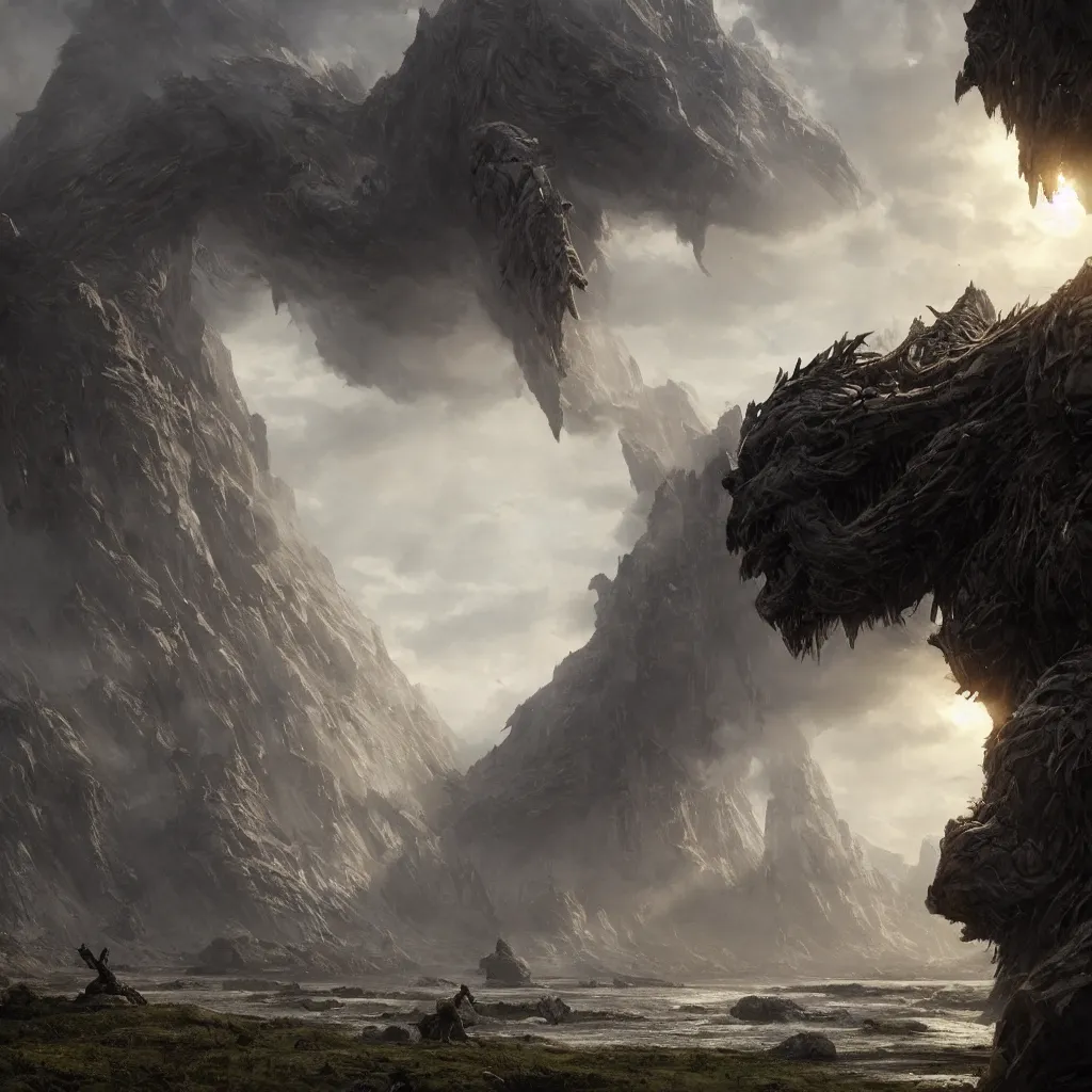 Prompt: enormous creature looming in the distance, seen from far away, volumetric lighting, 8 k octane beautifully detailed render, post - processing, extremely hyper - detailed, intricate, epic composition, cinematic lighting, masterpiece, trending on artstation, masterpiece, stunning art by anders zorn, wonderful masterpiece by greg rutkowski, beautiful cinematic