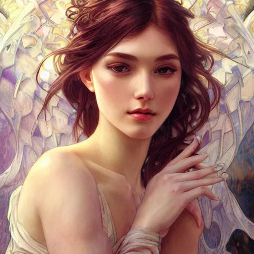 Image similar to a photograpic portrait of a pretty woman, angel, fantasy, intricate, elegant, highly detailed, digital painting, artstation, concept art, smooth, sharp focus, illustration, art by artgerm and h r giger and alphonse mucha