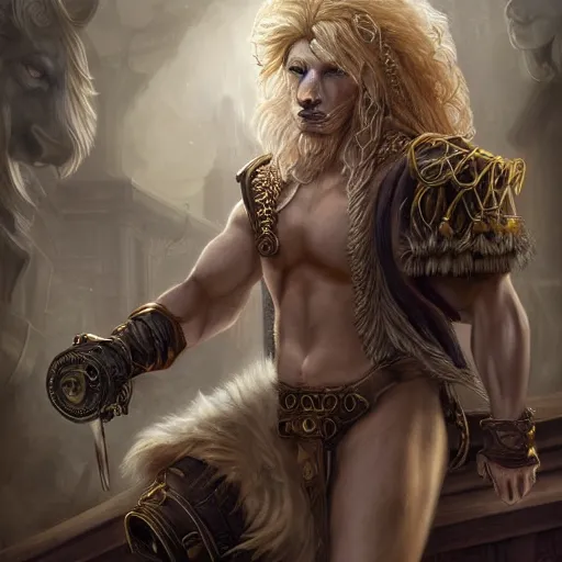 Image similar to aesthetic portrait commission of a albino muscular and attractive anthro lion as a greek steampunk god overlord with mane fur turning into industrial revolution smoke in the British clouds, fantasy art, hyperdetailed. Character design by charlie bowater, ross tran, artgerm, and makoto shinkai, detailed, inked, western comic book art, 2021 award winning painting