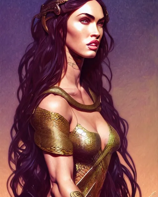 Image similar to portrait of megan fox as medusa, snake hair, serpent hair, greek mythology, intricate, headshot, highly detailed, digital painting, artstation, concept art, sharp focus, cinematic lighting, illustration, art by artgerm and greg rutkowski, alphonse mucha, cgsociety