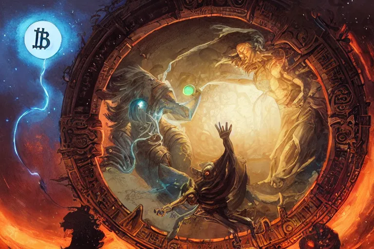 Prompt: wizards conjuring a bitcoin through a circular portal, by greg rutkowski and frank frazetta and peter mohrbacher and william blake and dan mumford