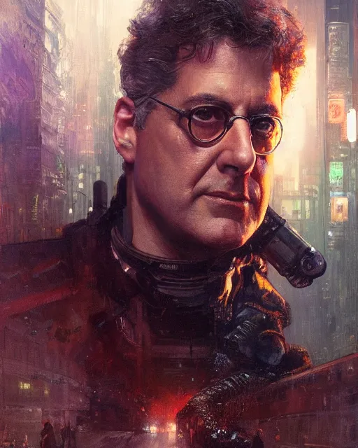 Prompt: harold ramis, hyperrealistic portrait, bladerunner street, art of elysium by jeremy mann and alphonse mucha, fantasy art, photo realistic, dynamic lighting, artstation, poster, volumetric lighting, very detailed face, 4 k, award winning